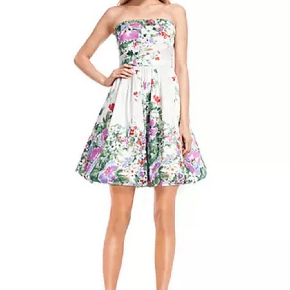 Jewel Badgley Mischka Green Multi Strapless Bubble Hem Gown